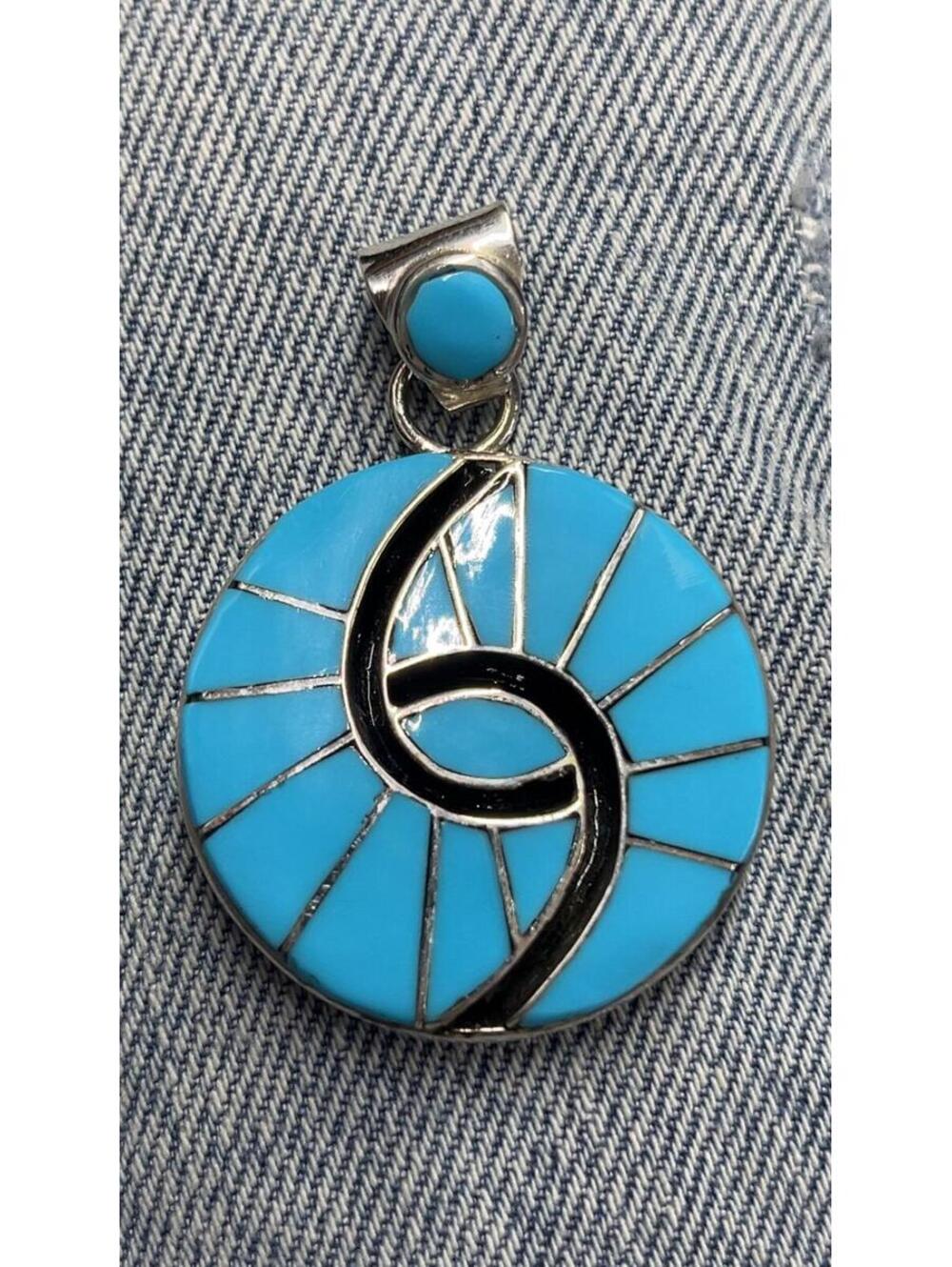 Zuni sterling silver turquoise inlay cluster pendant -Amy Quandalacy
